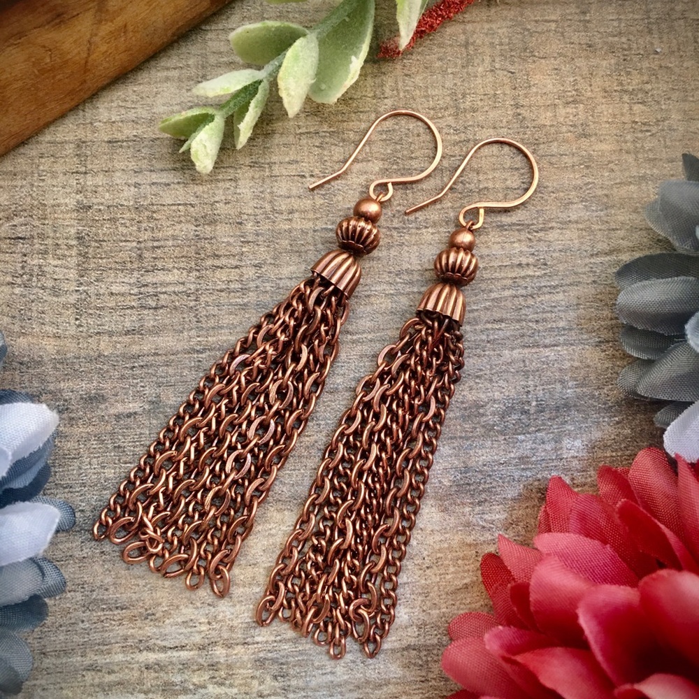 Copper chain tassel dangle earrings